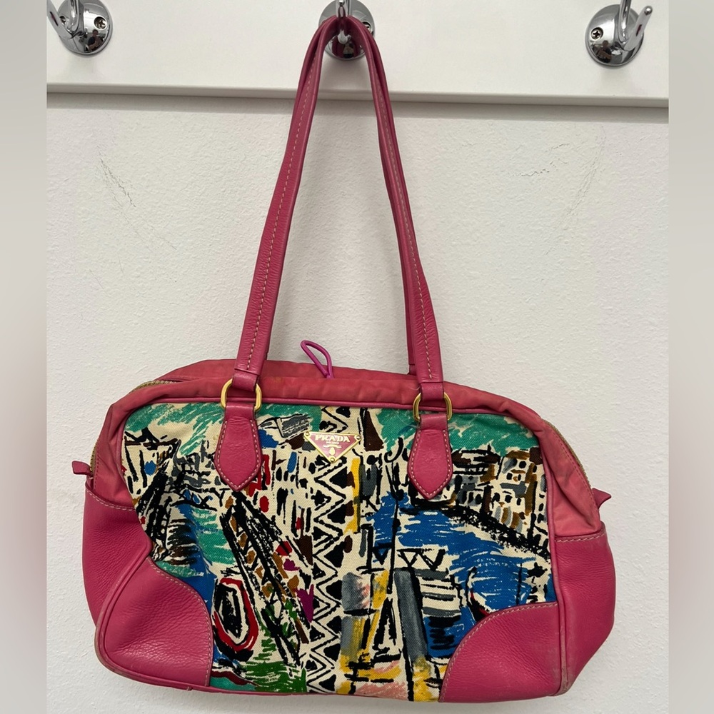 Prada Canapa Stampata Venez Shoulder Bag Pink Purse
